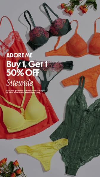 This image ad showcases a flat lay of various lingerie sets and sleepwear from Adore Me, highlighting a 'Buy 1, Get 