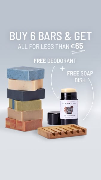 This ad promotes a deal from The Black Stuff, where customers can buy six bars of soap and get a free deodorant and soap