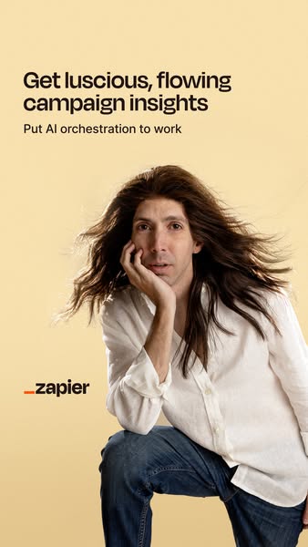 This image ad for Zapier features a person with long hair and a white shirt leaning on their hand, with the headline &qu