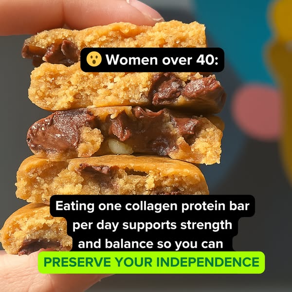 This ad promotes collagen protein bars for women over 40, emphasizing the support for strength, balance, and independenc