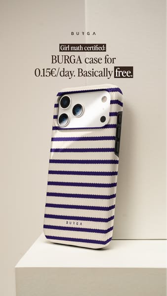 This image ad features a BURGA phone case with a blue and white striped pattern on top of a white surface. The ad highli