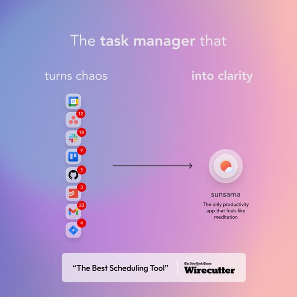 This ad highlights the Sunsama app as a solution for managing tasks and turning chaos into clarity. It uses a visual rep