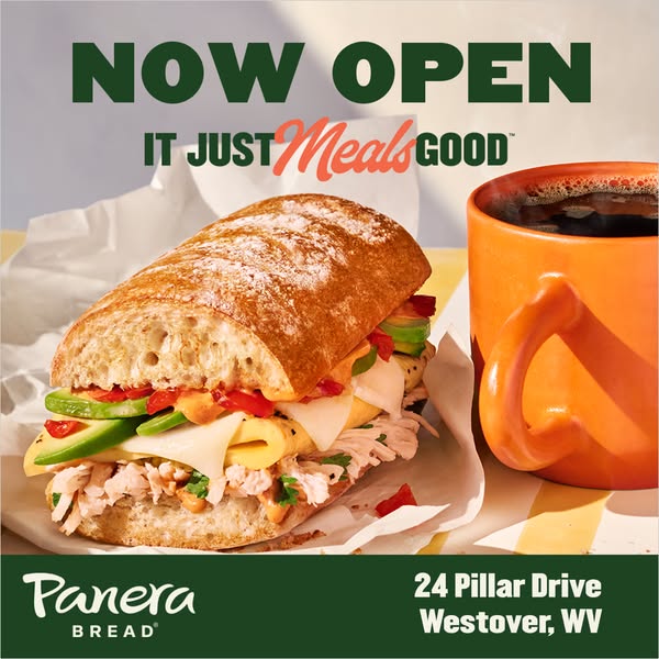 This image ad for Panera Bread announces the opening of a new location, featuring a close-up of a sandwich and a cup of 