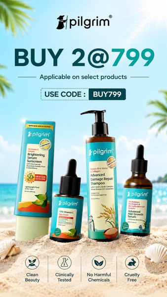 An image ad for Pilgrim brand beauty products features four different product types displayed together in front of a bea