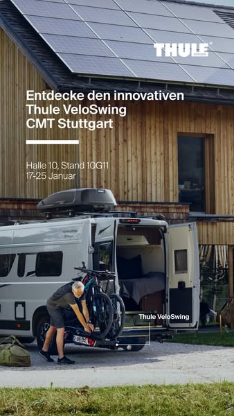 This ad promotes the Thule VeloSwing at the CMT Stuttgart event. The ad features a man attaching a bike to the Thule Vel