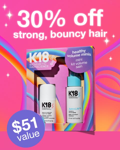 This ad promotes K18 products, focusing on a limited-time offer of 30% off for strong, bouncy hair. The ad features a se