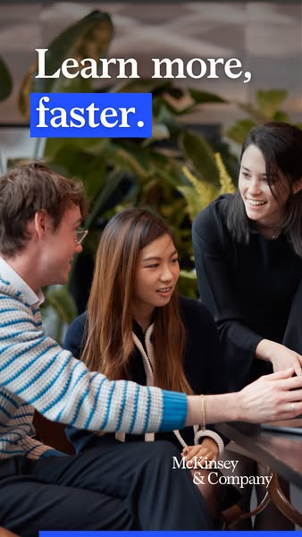 An image ad for McKinsey & Company featuring 3 employees sitting at a table. The text overlay reads "Learn more
