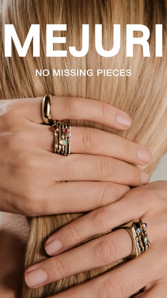 This ad for Mejuri showcases multiple rings being worn on a woman's hand. The rings are the focal point of the ad an