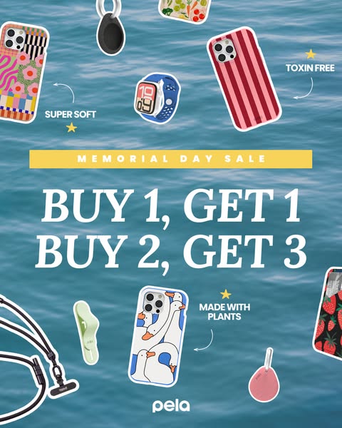 This image ad for Pela promotes a limited-time Memorial Day sale with a Buy 1 Get 1, Buy 2 Get 3 offer, highlighting the