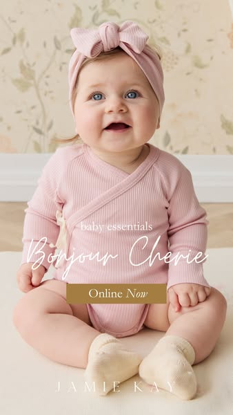 This ad features a baby wearing a pink onesie and matching headband. The ad promotes baby essentials from Jamie Kay and 