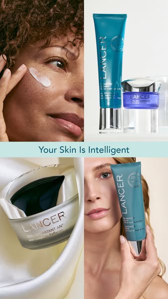 This ad uses a split screen grid to showcase Lancer skincare products and demonstrate their efficacy on various skin typ