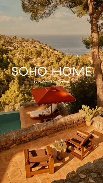 An advertisement for the Soho Home Outdoor Collection features outdoor lounge furniture on a stone patio with a scenic v