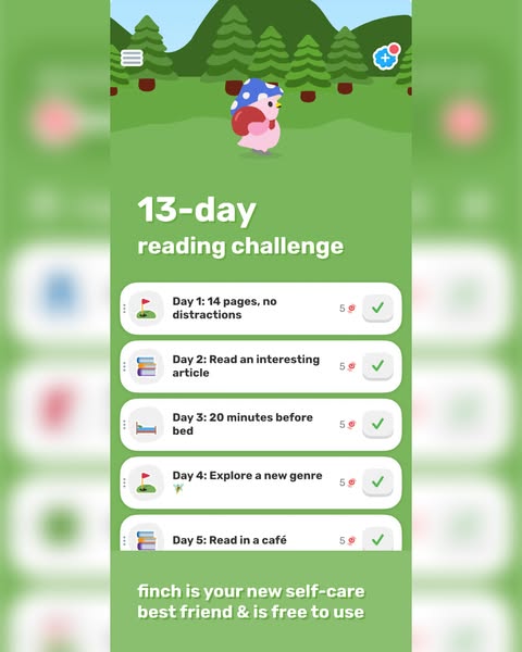 This ad promotes the Finch app by showcasing a 13-day reading challenge. The ad uses a screenshot of the app interface, 