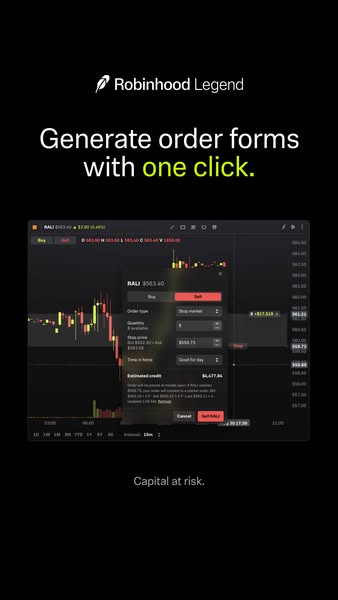 This ad for Robinhood Legend highlights the feature of one-click order form generation in the Robinhood app.