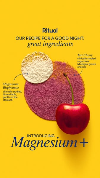 This ad for Ritual Magnesium+ highlights the product's key ingredients, Tart Cherry and Magnesium Bisglycinate, and 