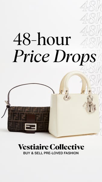 This ad promotes Vestiaire Collective's 48-hour price drops on pre-loved fashion items. The image features two desig