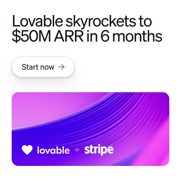 This ad promotes Lovable, a company that has achieved $50M ARR in 6 months. The ad features a call to action to start no