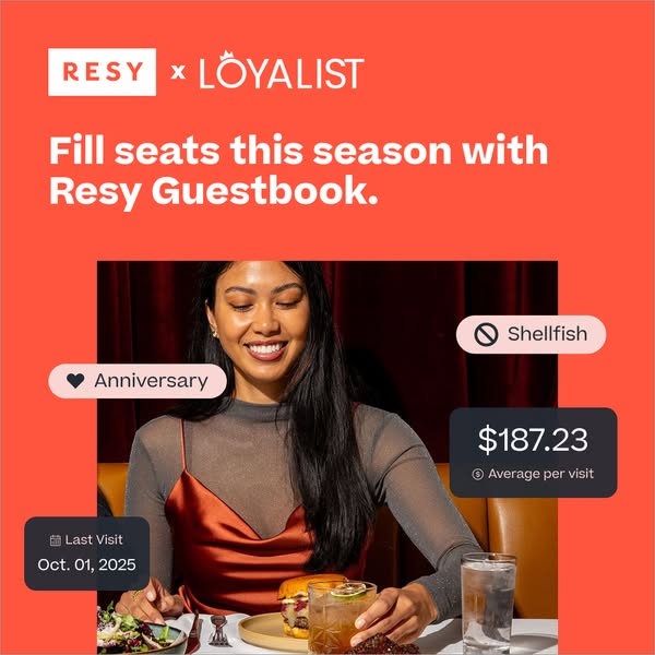 This ad for Resy Guestbook features a woman at a restaurant, highlighting features like anniversary tracking, visit hist