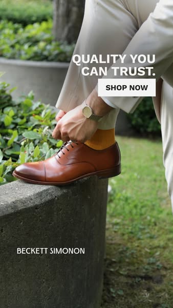 This ad showcases a man tying the laces of a brown leather dress shoe, emphasizing the brand's commitment to quality