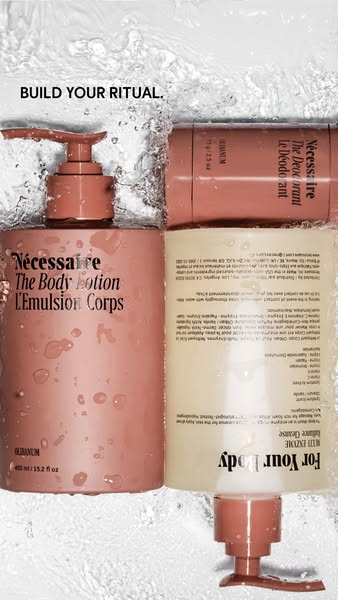 This ad showcases Nécessaire's body lotion, deodorant, and body wash products, emphasizing the brand's commitmen