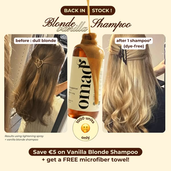 This image ad shows the before and after results of using Blonde Vanilla Shampoo. The ad features the brand's produc