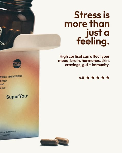 An image ad for Moon Juice's SuperYou supplement, which contains ingredients that support stress management. The ad 
