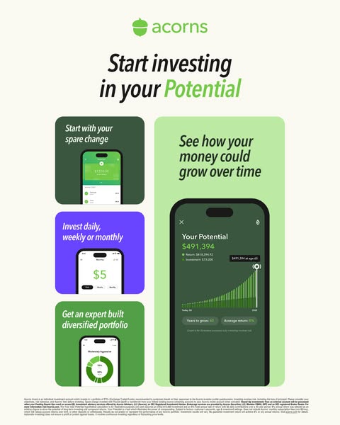 This ad for Acorns highlights the app's ability to help users start investing with spare change, invest daily, weekl