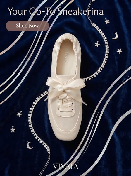 This ad showcases a single Vivaiia sneaker with a ribbon bow and a rhinestone chain on a blue velvet background.