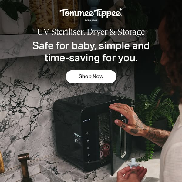 This ad for the Tommee Tippee UV sterilizer, dryer, and storage unit promotes the product as a safe, simple, and time-sa