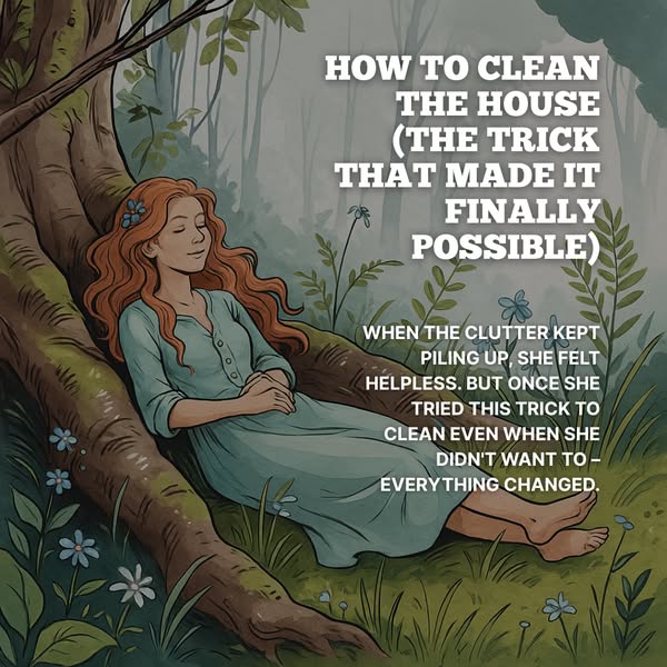 The ad features an illustration of a woman relaxing under a tree, with text overlayed describing how to clean the house.