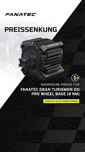 The ad features the Fanatec Gran Turismo DD Pro Wheel Base (8 NM) with messaging of a price drop and contains a call to 
