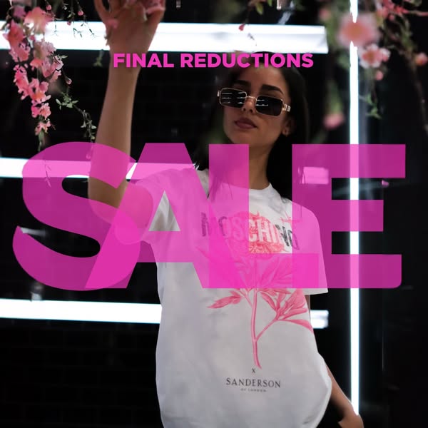 This image ad features a woman modeling a t-shirt with the word SALE superimposed on top. The ad uses text to promote fi