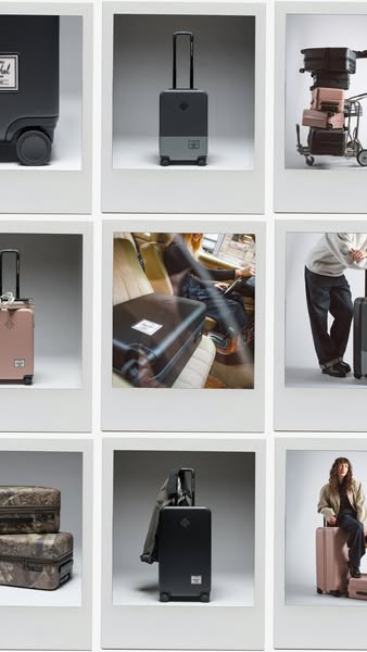 This ad showcases a grid of Herschel carry-on luggage in what appears to be polaroid photos. The luggage comes in variou