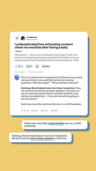 This ad presents social proof from a Reddit thread in order to highlight the benefits of using Nanit to monitor children