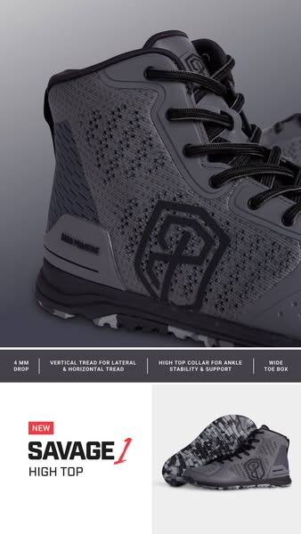 This ad showcases the Savage 1 High Top shoe, highlighting its features such as the 4mm drop, vertical and horizontal tr