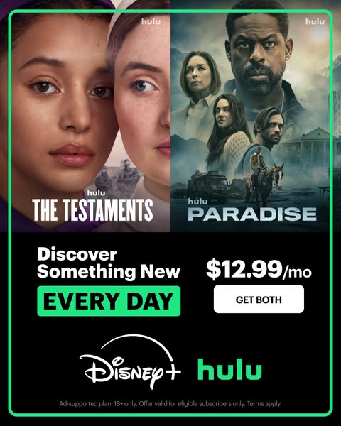 This image ad is for Hulu and Disney+. The ad is split into two sections, one side showcasing the Hulu show "The Te