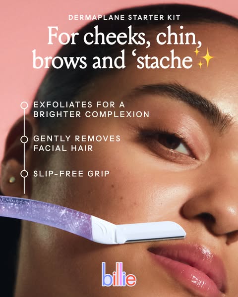 This image ad for Billie's DermaPlane Starter Kit highlights the product's ability to exfoliate and gently remov