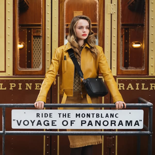 This ad features a woman standing in front of a train, promoting Montblanc's "Voyage of Panorama".
