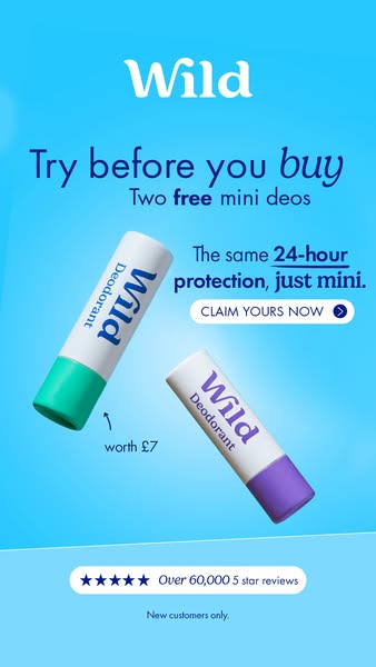 This ad for Wild promotes a trial offer of two free mini deodorants. It highlights the 24-hour protection of the product