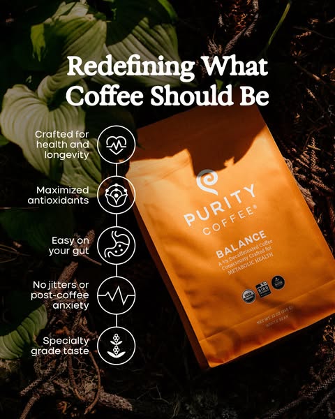 This image ad for Purity Coffee highlights the specific health benefits of its Balance blend, a decaffeinated coffee con