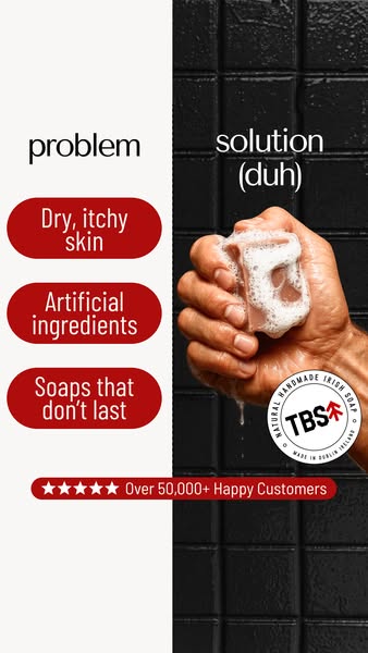 This ad highlights the problems with common soaps, such as artificial ingredients, skin irritation, and lack of longevit