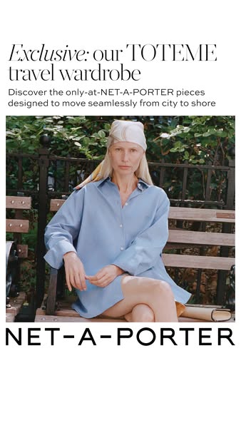 This image ad features a woman sitting on a park bench modeling clothing sold at NET-A-PORTER. The ad promotes an exclus