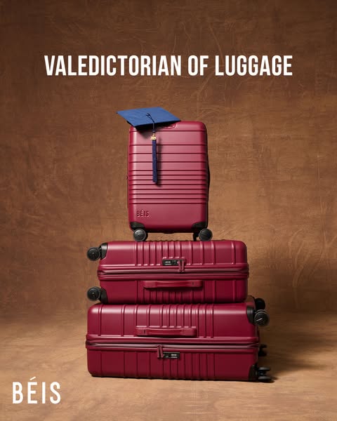 This ad features a stack of BÉIS luggage with a graduation cap on top, suggesting that BÉIS luggage is the best in its c
