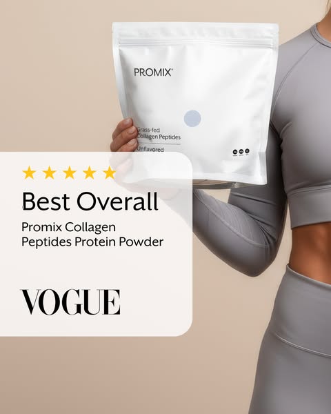 This ad for Promix Collagen Peptides Protein Powder features a woman holding the product and a badge that highlights the
