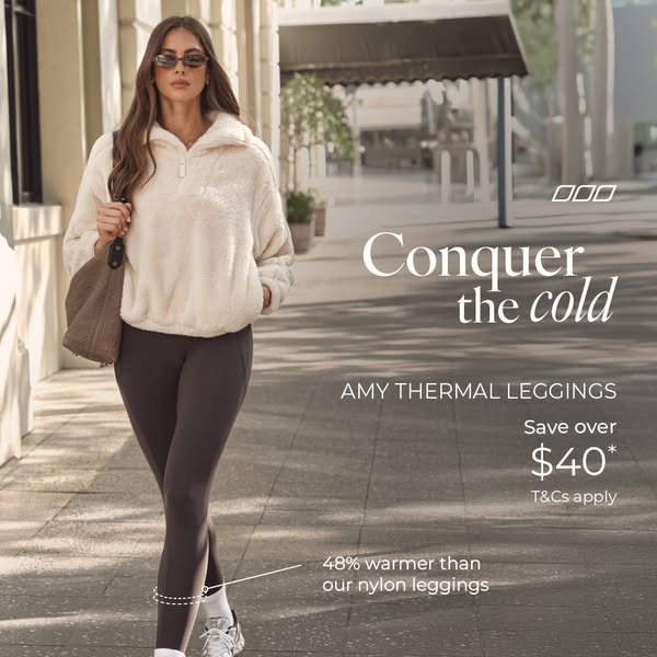 This ad features an image of a woman wearing the brand's Amy Thermal Leggings. The ad copy highlights the warmth and