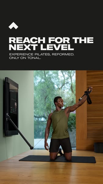 A man is shown using the Tonal machine to perform a pilates routine. The ad suggests that Tonal can help you "Exper
