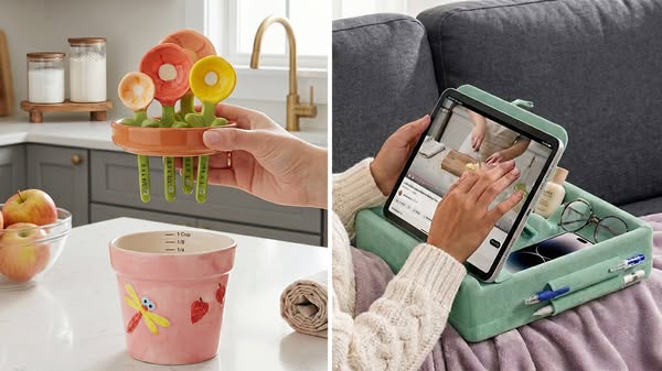 Split-screen image ad showing a flower pot measuring cup set and a caddy tray.