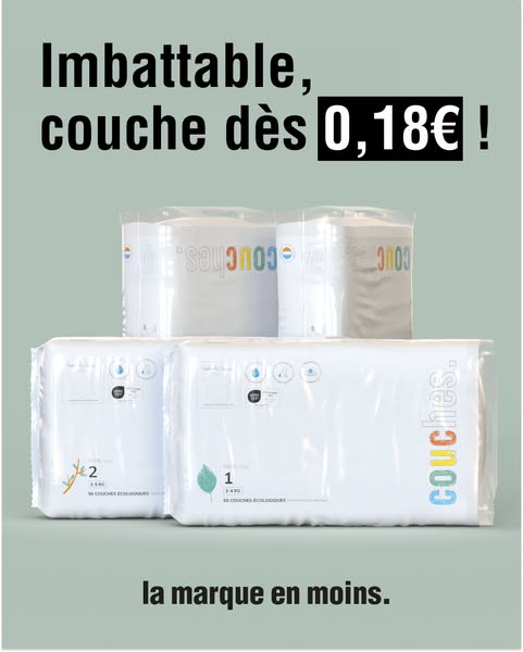 This ad promotes Couches brand diapers, highlighting their affordability and ecological focus. The ad features a stack o
