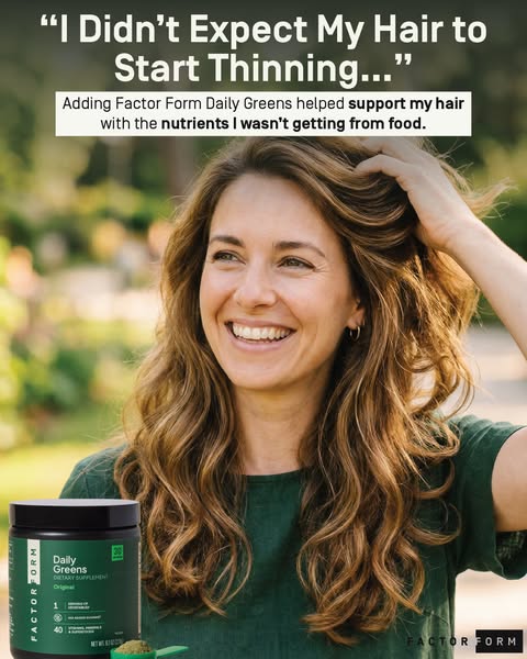 The image ad features a testimonial from a woman regarding Factor Form Daily Greens, which she states helped support her