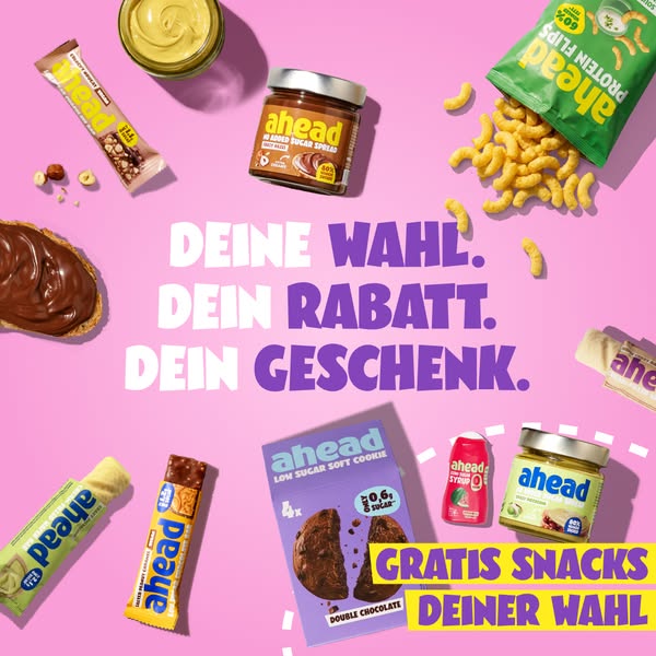 This ad shows an assortment of Ahead brand snacks on a pink background. The text advertises a choice of snacks as a gift